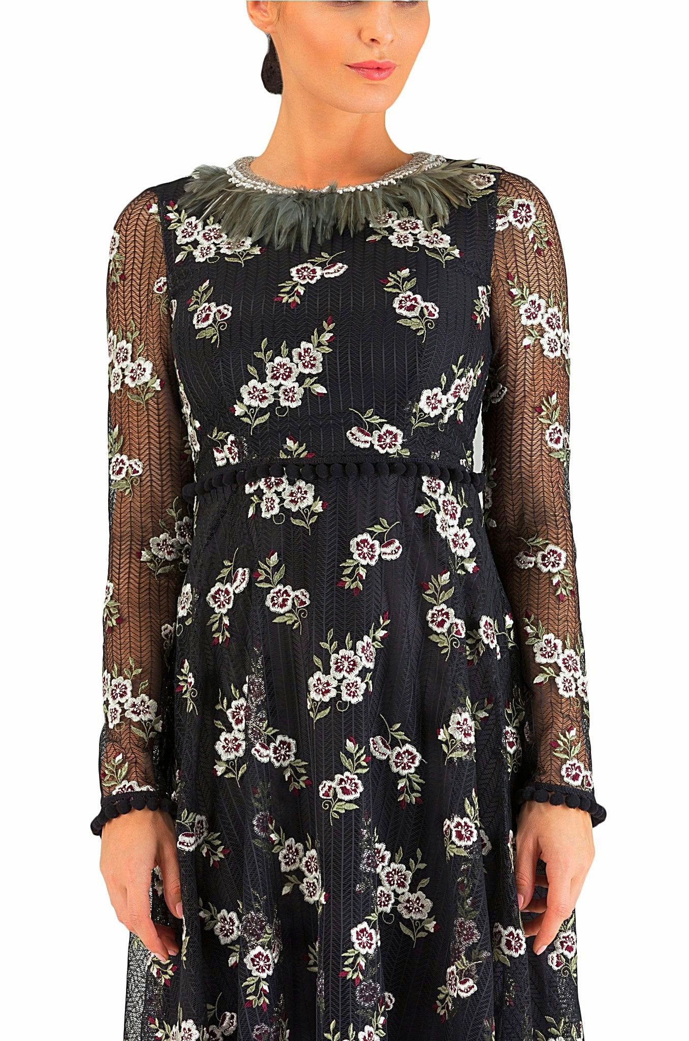 Feather Floral Black Dress - 80% off