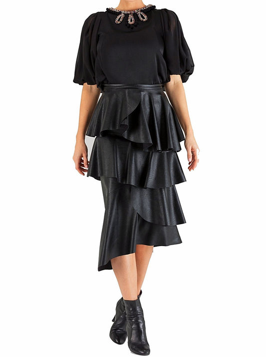 Black Ruffle Leather Skirt - 80% off