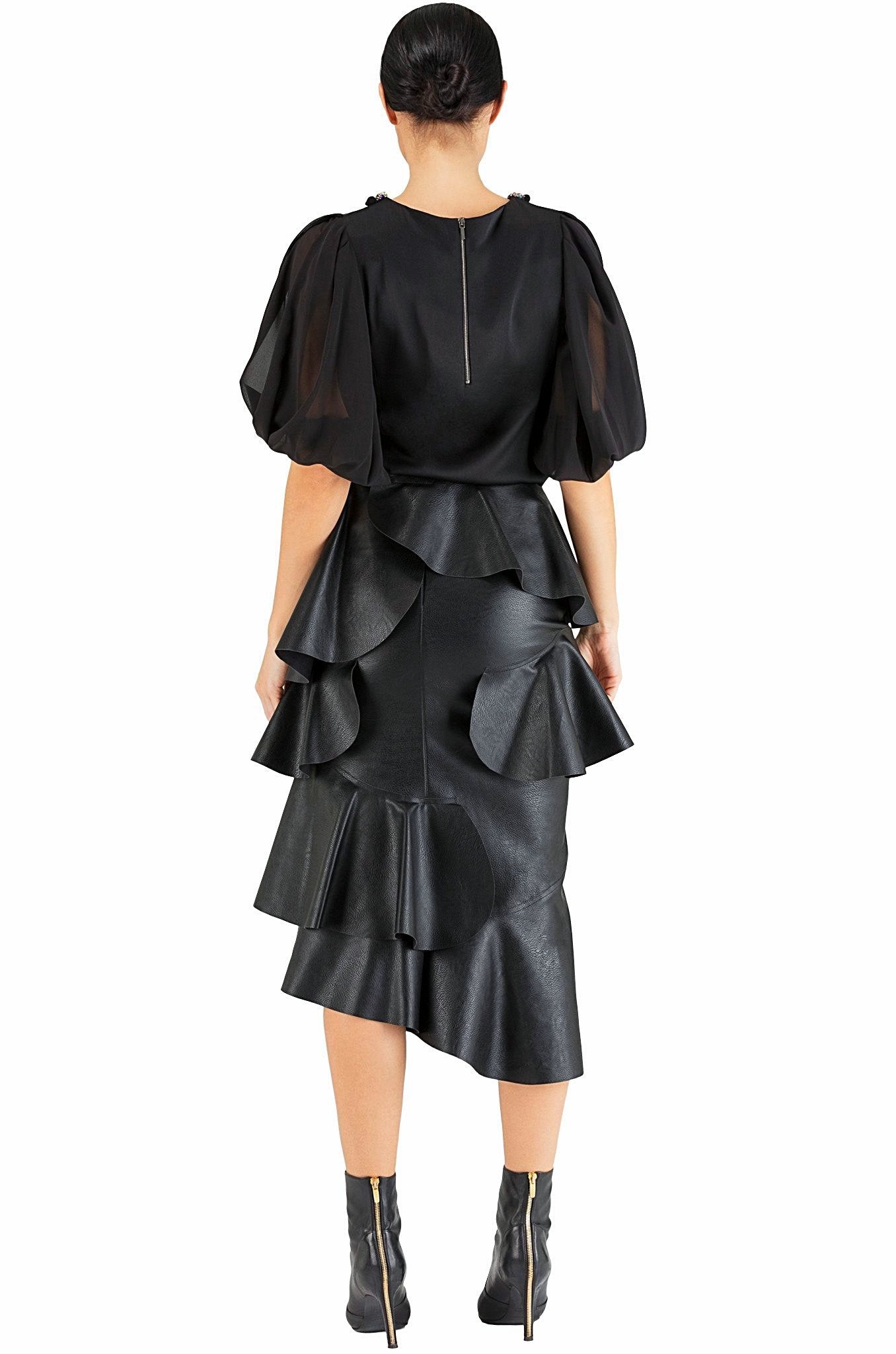 Black Ruffle Leather Skirt - 80% off